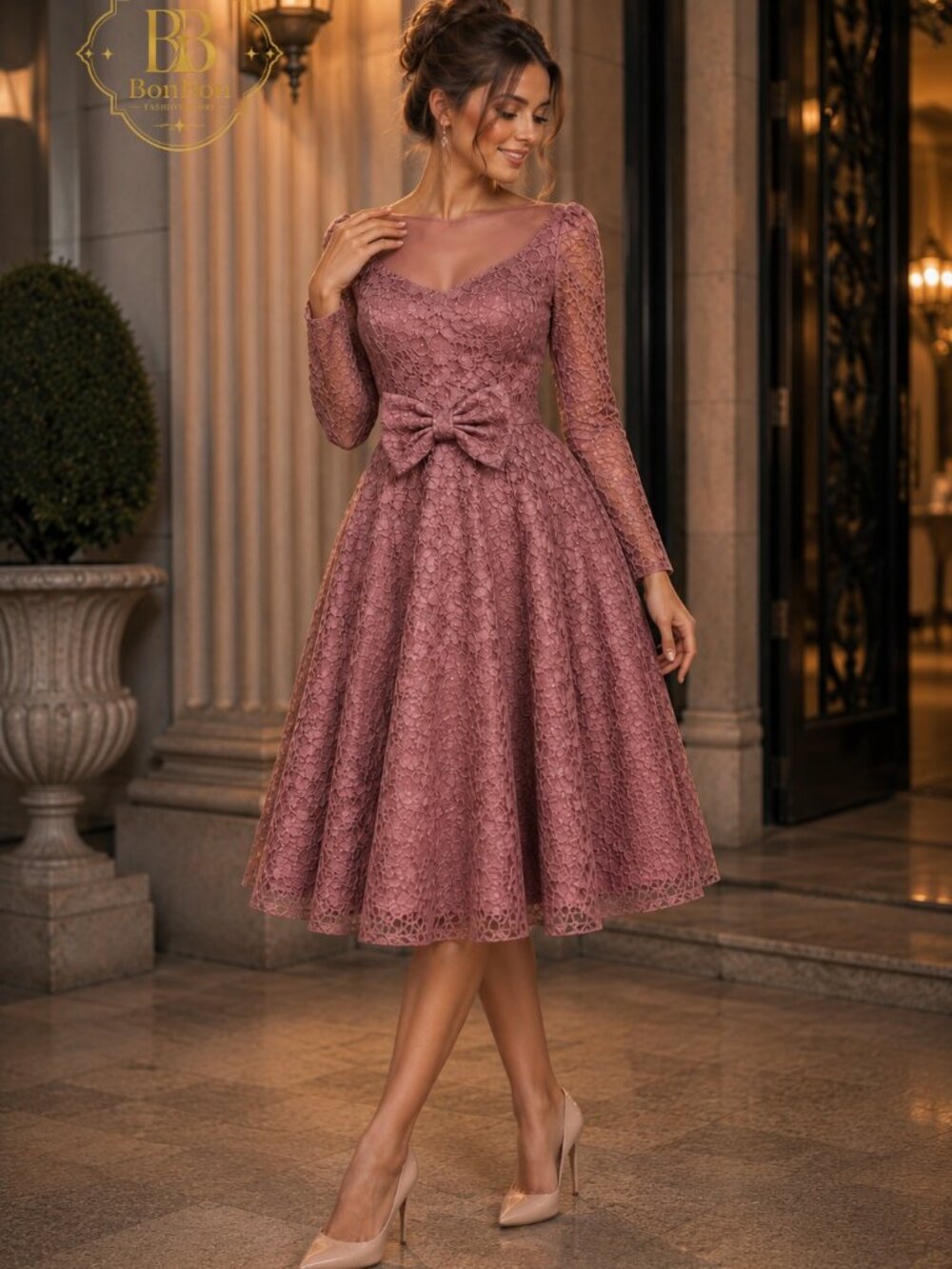 Rose Lace Midi Dress Long Sleeve Elegant Bridal Shower Civil Wedding Graduation